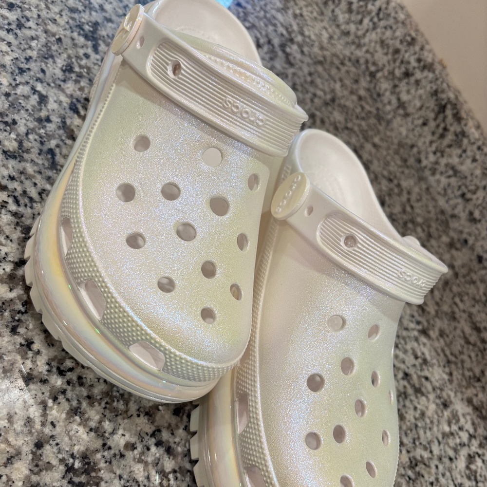Crocs- Size 9 White Sparkly Iridescent Platforms- NWOT